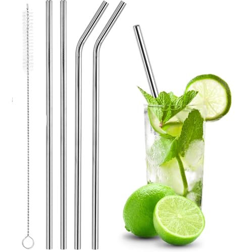 Image of Reusable Stainless Steel Drinking Straws with Cleaning Brush Set of 5 Metal Straws Straight and Bent Design for Smoothie, Milkshake, Cocktail and Hot Drinks Our Any Drinks Uses for Gift Set