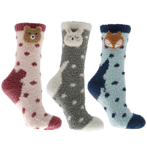 Cuddly Pets Gift Box Set: 3 Pairs of Embroidered Lavender and Shea Infused Socks [Rabbit/Tiger/Bear]