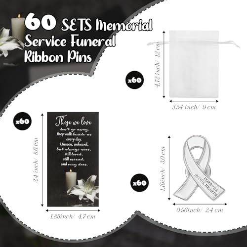 Image of Unittype 60 Set Funeral Ribbon Pins Awareness Lapel Pin | Memorial Pins Remembrance Ribbon Brooch with Prayer Cards Organza Bags for Women Men