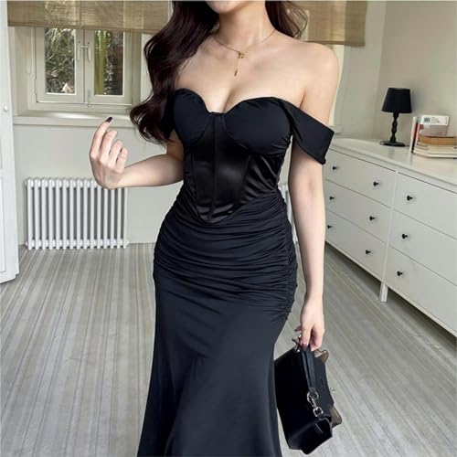 Vestido largo negro con encaje m para mujer 3