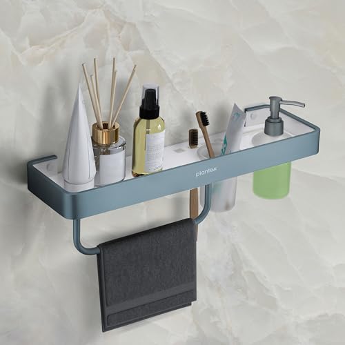 Image of Plantex 4in1 Shelf for Bathroom /Aluminium and Acrylic Shelf with Tumbler Holder, Liquid Soap Dispenser and Napkin Space /Bathroom Organizer with Drill-Pack of 1(Grey and Milky White)