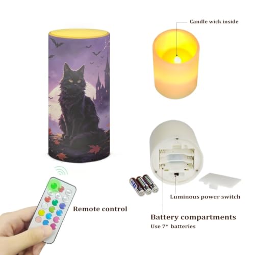 Image of Poceacles Flameless Light Candles Battery Operated Candles with Color Changing Timer Remote Control Tealights for Halloween Dinner Party Decor, Violet Black Cat Maple Bat Print