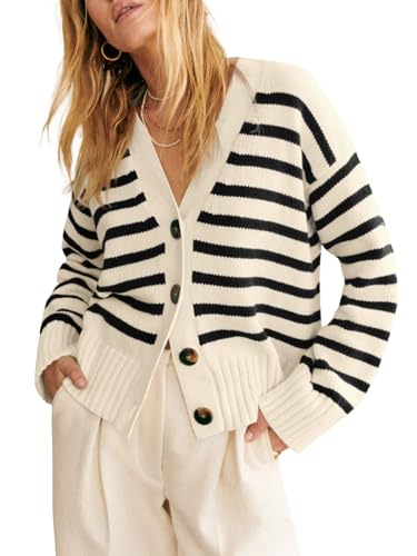 Saodimallsu Womens Striped Cardigan Sweaters V Neck Button Down Long Sleeve Open Front Ribbed Knit Outerwear