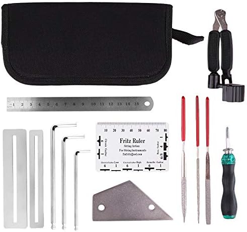 Guitar Repairing Tool Kit Including Fret Rocker Leveling Tool, String Organizer String Action Ruler, Gauge Measuring Tool, Hex Wrench, Files,Fingerboard Protectors