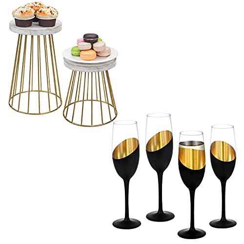 Mygift Vintage Brass Tone Metal & Shabby Whitewashed Wood Pedestal Display Riser Stands And Modern Stemmed Champagne Flutes 8 Oz Black And Gold Plated Party And Wedding Drinking Glasses #TOP16