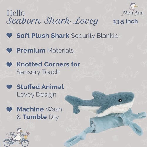 Image of MON AMI Seaborn Shark Plush Lovey for Babies | 13.5-Inch Knotted Security Blanket | Soft Plush Comfort Toy | Perfect Newborn Essential for Birthdays & Baby Showers