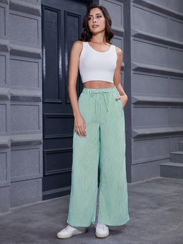Women's Striped Wide Leg Pants with Pockets High Waist Drawstring Loose Trousers Palazzo Pants Green4