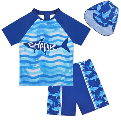 Image of Boys Two Piece Rash Guard Swimsuits Kids Short Sleeve Swimwear Sets Bathing Suit with Sun Hat for 2-6 Years