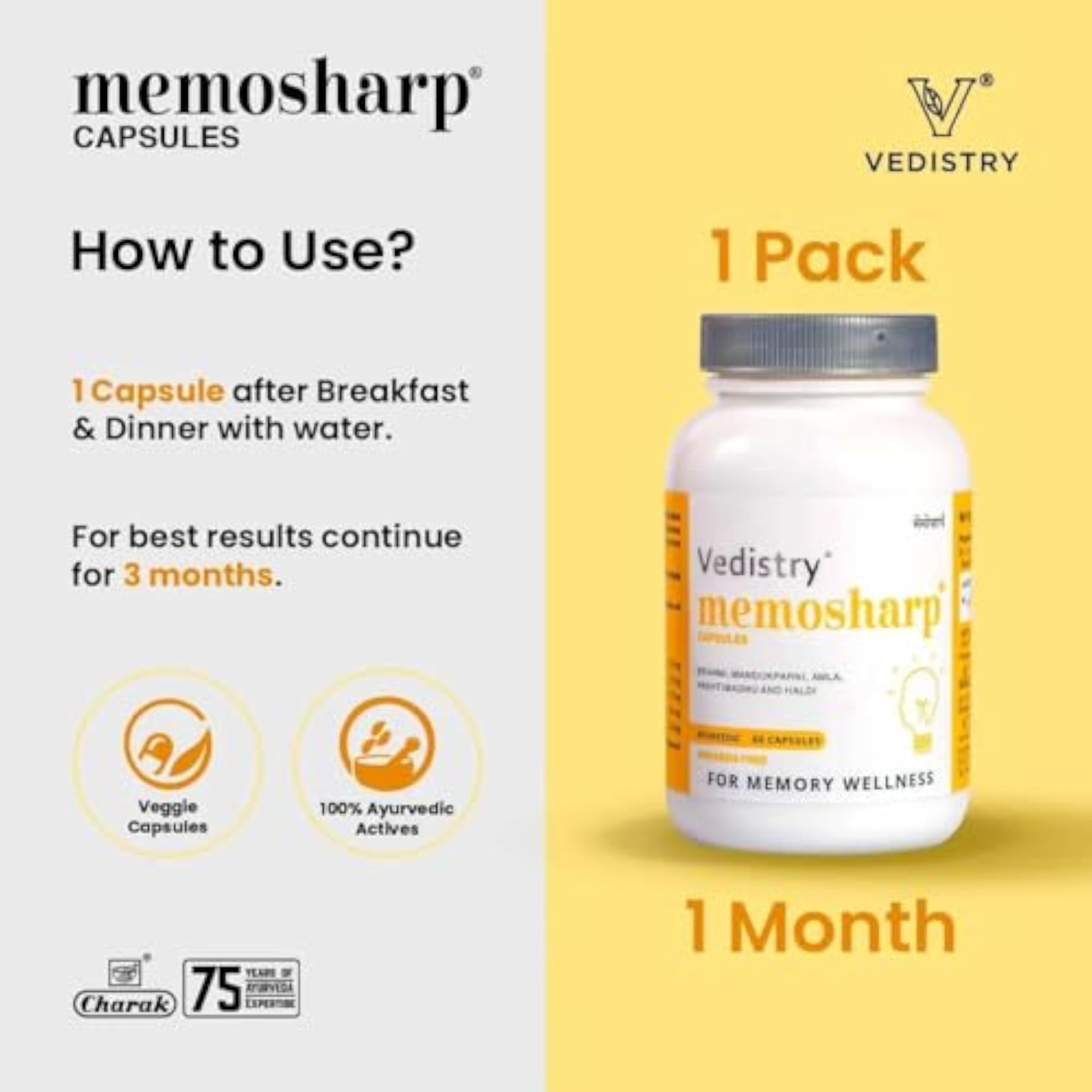 Charak Memosharp Capsules for Memory, Ayurvedic Supplement