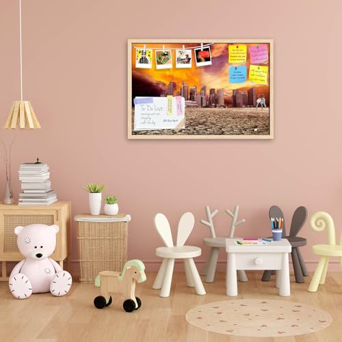 Image of ArtzFolio City Overlooking Desolate Desert | Bulletin Board Notice Pin Board | Vision Soft Board Combo with Thumb Push Pins & Sticky Notes | Natural Brown Frame | 36 x 24 inch (91 x 61 cms)