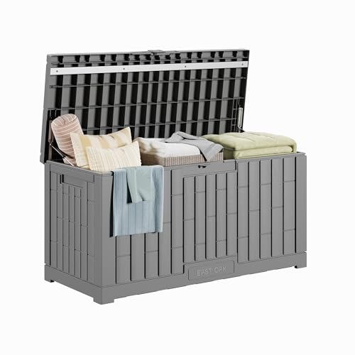 Image of EAST OAK Outdoor Storage Box, 80 Gallon Deck Box, Waterproof Resin Storage Bin for Patio Cushions, Gardening Tools, Lockable, UV Resistant, Grey