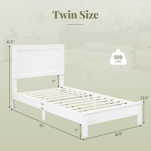 Image of GIANTEX Wood Twin Bed Frames with Headboard, Mid Century Platform Bed Frame with Solid Wood Legs & Wooden Slat Support, Twin Bed Frames for Kids Adults, White Bed