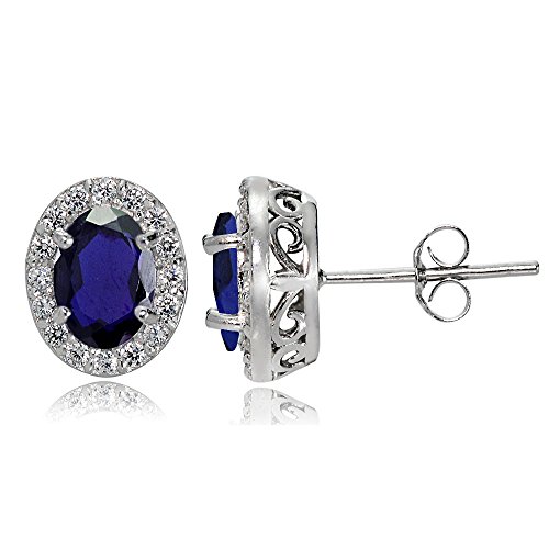 Sterling Silver Created Blue Sapphire and White Topaz Oval Halo Stud Earrings