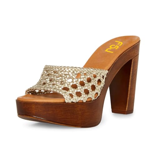 FSJ Women Braided Open Toe Sandal Platform Chunky High Heel Mule Woven Slip On Comfortable Fashion Summer Slippers Slide Shoes Size 4-16 US