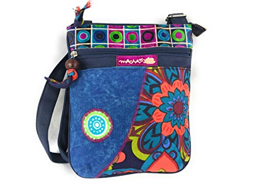 Macha Bolso plano para mujer con bandolera étnica india (Azul)