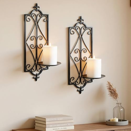 Ziliny ヴィンテージ壁取り付け用燭台キャンドルホルダー 2個 16.5 x 5.7インチ 壁取り付けメタルキャンドル燭台 吊り下げ 素朴なホームデコレーション 暖炉 結婚式 農家 ハロウィン クリスマスの装飾 [4]