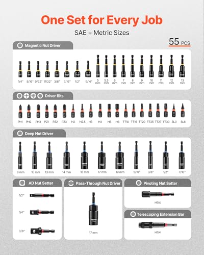 Image of VEVOR Master Magnetic Impact Nut Driver Set 55PCS, Metric & SAE Sizes, with Socket Adapters, Bit Holder, Wing Nut Driver, Pivoting Nutsetter, Quick Release Extension, Power Bits, Storage Box