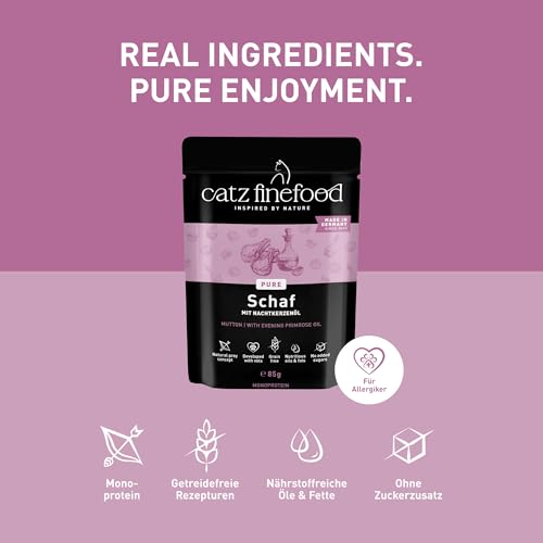 catz finefood Purrrr Schaf Monoprotein Katzenfutter nass N° 113, für ernährungssensible Katzen, 70% Fleischanteil, 16 x 85 g Beutel – Ansicht 6