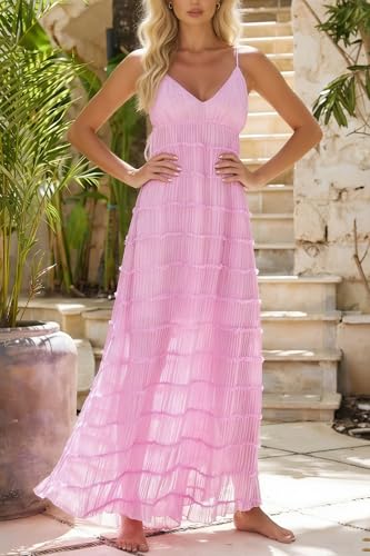 Image of Yiulangde Women's Backless Smocked Maxi Dress Sexy Spaghetti Strap Cut Out Flowy Beach Long Dress Vacation Casual Sundresses