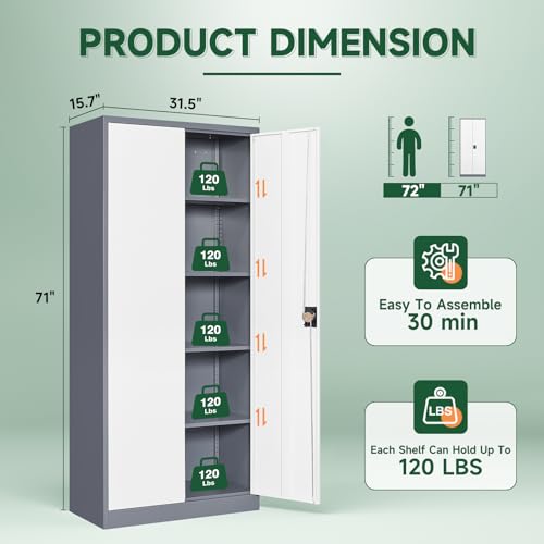 Image of Letaya Metal Garage Storage Cabinets with Lock Door and Adjustable Shelves, Steel Tool Cabinets for Home,Office,Warehouse Organisieren (Gery White, 71 inch H)