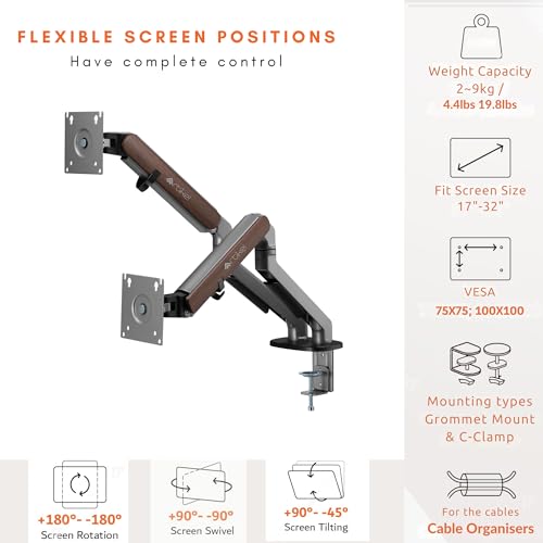 Image of ARTIKEL Monitor Desk Mount Adjustable Spring Assisted Monitor Arm VESA Mount with C Clamp Grommet Mounting Base Computer Monitor Stand (Sleek Spacegray Wood, Dual)