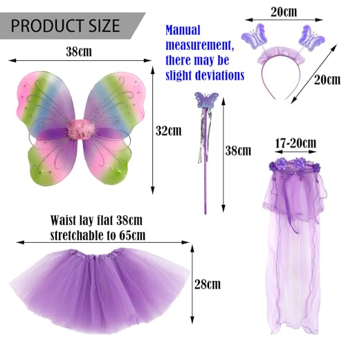 BDSHUNBF 5 Pcs Fairy Wings & Dressing Up Costume Set for Girls - Butterfly Wings, Magic Wand, Tutu & Headband - Image 2