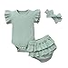 Baby Kurzarm RüSchen Einfarbig Grubenstreifen Strampler Kleid + Tutu Rock Dekorative Shorts + Schleife Haarband Set Neugeborene 1. Jahrestag Foto Niedliche Baby Urlaubskleidung,Blau,80