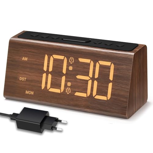 VORRINC Wecker Holz – Digitalwecker mit Dualalarm, Snooze, 4 Helligkeits- & Lautstärkestufen, USB-Ladeanschluss, DST-Taste, Anzeige von Zeit & Wochentag