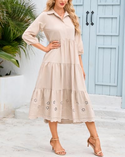 Image of Women Button Down Maxi Shirt Dress Long Sleeve Flowy Tiered Collared Dresses with Pockets