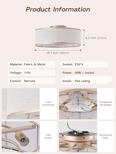 Image of Gold Flush Mount Ceiling Fans with Lights, 20 inch Caged Boho Ceiling Fan with Light and Remote, Bladeless with 6 Speeds for Bedroom, Nursery, Living Room