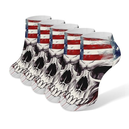 5 Pairs Ankle Socks Soft Breathable No Show Socks Comfortable Cotton Low Cut Casual Socks for Women Men American Flag Skull