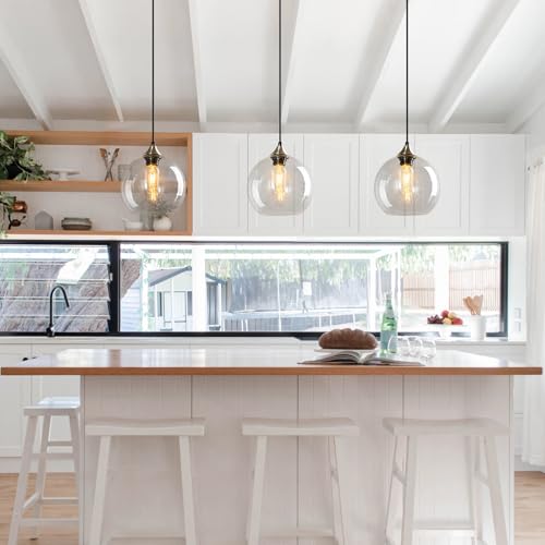 Image of Clear Glass Pendant Lights Kitchen Island Lighting Globe Pendant Light Fixtures Modern Pendant Lighting for Kitchen Island Bedroom Living Dining Room Light Fixture(7.87in, 1-Pack)