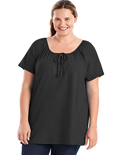Just My Size Women's Plus-Size Slub Jersey Crochet Trim Tunic with Drawcord, Black, 5X