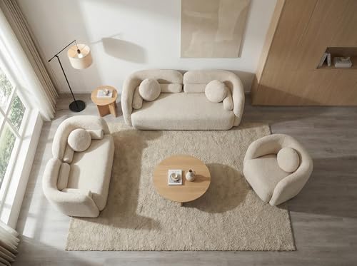 Image of 69.29 inch Curved Sofa Set, 2 Loveseats and Accent Chair, Modern Minimalist Boucle Couch Set, Deep Seat Solid Wood Frame, No Assembly Required, Sofa and Chair Set for Living Room Bedroom Office, Beige