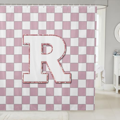 Image of Erosebridal Pink Initial R Bathroom Curtain Kawaii Plaid Checkered Shower Curtain 72 inch Wx72 L Cute Personalized Monogram Bathroom Accessories for Kids Girls,Fashion Grids Gingham Shower Decor