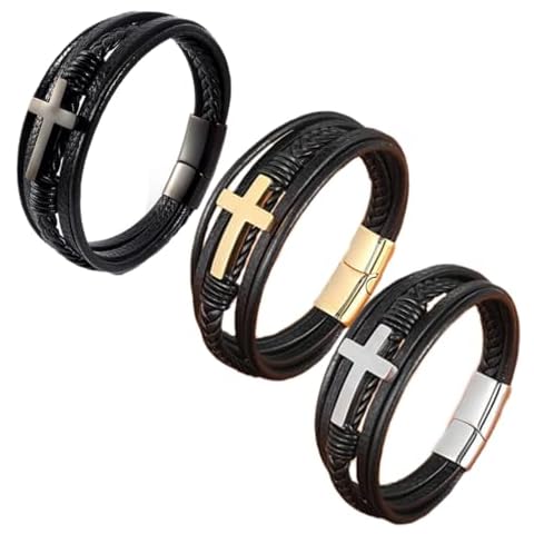ZNDIJE 3PCS Stainless Steel Braided Leather Bracelet for Men Cuff Bangle Cross Magnetic Clasp 8.26 inches(include Black and Sliver and Gold) Cover