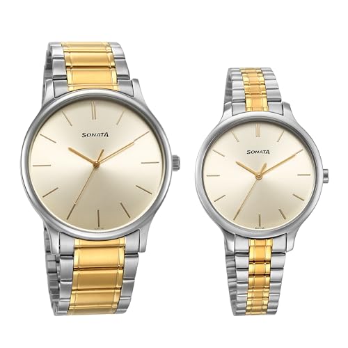 Sonata Pair Quartz Analog Champagne Dial Stainless Steel Strap Watch for Couple_7710587050BM01 (B0D38YGD37) Amazon Price History, Amazon Price Tracker