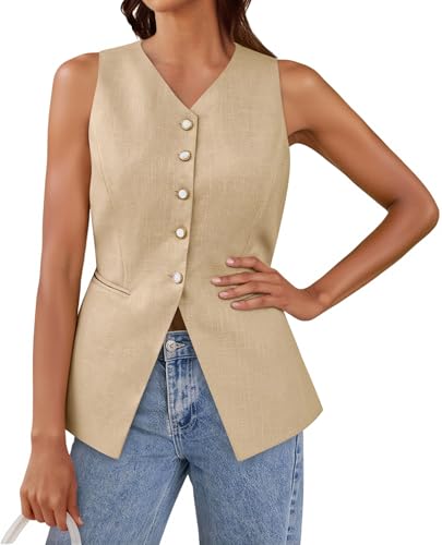 Tankaneo Womens Summer Suit Vest Tops Fashion Casual Sleeveless Blazers Split Hem Button Down Linen Work Waistcoat