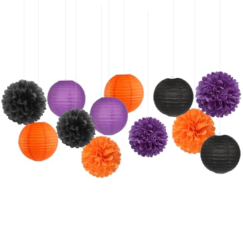 Image of Purple-Orange Black Party-Decorations Paper-Flowers Lanterns - 15PCS Halloween Tissue Pom Poms Streamers,Vintage Birthday Retro Baby Bridal Shower Wedding Bachelorette Hanging Supplies Decor Hugfond