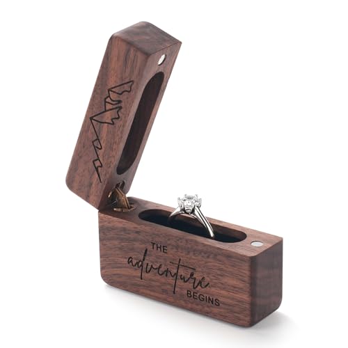 ERDOGLY Caja de madera para anillos de boda para ceremonia grabada, vintage, delgada, plana, organizador de joyas, almacenamiento para ceremonia, compromiso, propuesta, regalo, pequeño estuche grabado