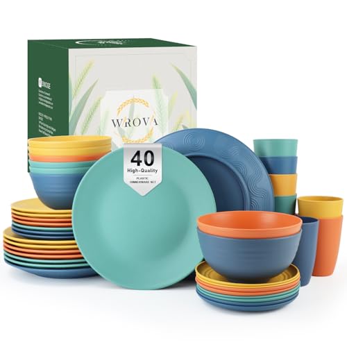 Wrova Service de table en plastique 40 pièces – Service pour 8 personnes | Assiettes et bols | Service de vaisselle incassable – Assiettes plates,...