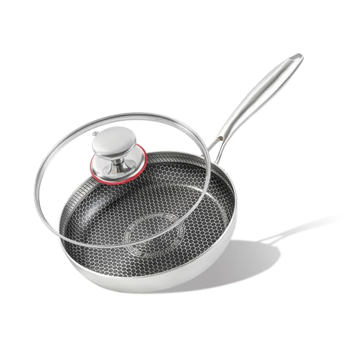 Yikinip Sartén de acero inoxidable de 8 pulgadas con tapa, sartén antiadherente híbrida para inducción, horno, asador y lavavajillas, sartén de chef no tóxica, utensilios de cocina sin pfoa