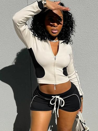 Uni Clau Two Piece Sets for Women Casual Long Sleeve Crop Top Zipper Jacket Shorts Set Workout Sets Lounge Set Tracksuit2