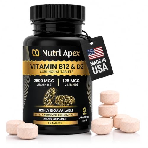 Vitamin B12 and D3 Sublingual Tablets 2500mcg B12 (Methylcobalamin) + 5000 IU D3 (Cholecalciferol) Fast-Absorbing for Energy Mood Immune & Bone Health Non-GMO Soy-Free Made in USA 60 Tablets