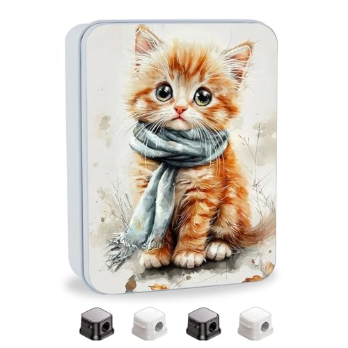 Image of Metal Tin Box with Lid,Multi-functional Storage Large Box Can Store Tea Biscuits Game Cards, Playing & Tarot Cards-Comes with 4 Magnetic Cord Clips,Kitten with Blue Scarf