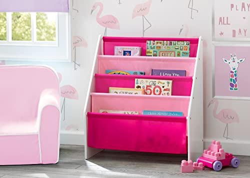 Image of Delta Children Sling Rack Bookshelf for Kids - Easy-to-Reach Storage for Magazines or Coloring Books - Ideal for Playrooms & Homeschooling - Greenguard Gold Certified, White /Pink