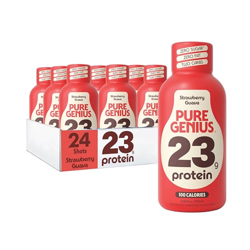 Pure Genius 23g Protein Shot Drink | 100 Calories No Sugar No Fat Whey & Collagen Gluten Free Keto Friendly No Artificial Flavors or Sweeteners TSA Size 3.38 Fl Oz Strawberry Guava (24 Pack)