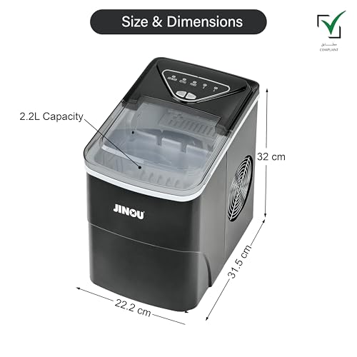 JINOU Ice Maker 2L – 12Kg/24H, 6 Mins Ready, 2 Ice Sizes – Self-Cleaning, Premium ABS, Upgraded Cooling – With Scoop, Basket & 5 Free Ice Bags – For Home, Kitchen, Bar, Cafe, & Party. 1 Year Warranty