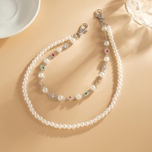 Image of Layered Pants Wallet Chain for Men Women Trendy Vintage Flower Pearl Rhinestone Wallet Chain Dainty Fashion Street Jeans Punk Keychain Jewelry Clothing Accessories
