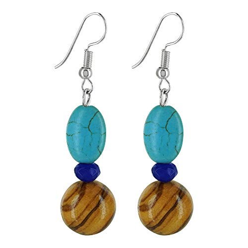 Preisvergleich Produktbild Ohrringe mit echten Olivenholz Perlen Türkisen Stein und blauer Schmuckperle - handgemacht - Holzschmuck - Schmuck aus Handarbeit - Olivenholzschmuck Ohrhänger